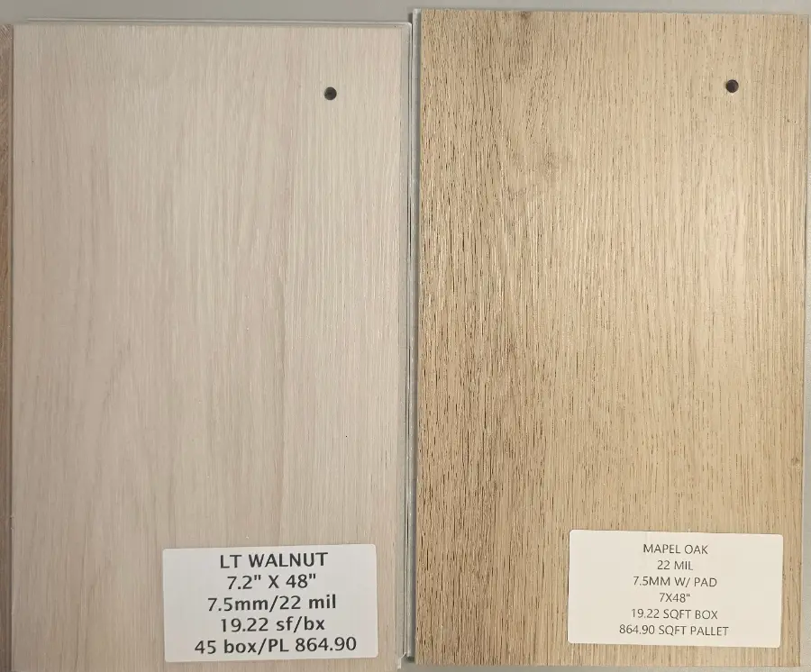 Lt Walnut and Maple Oak 22 mil LVP samples