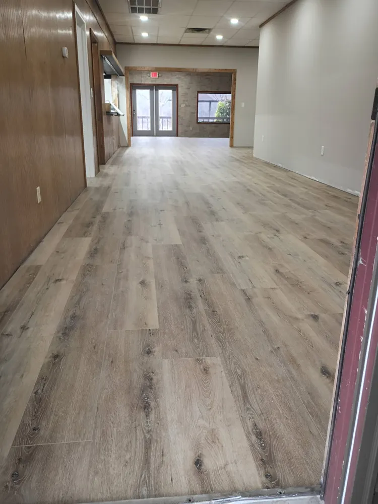 Commercial LVP buildout in downtown Guyton GA, one continuous floor through a large open room
