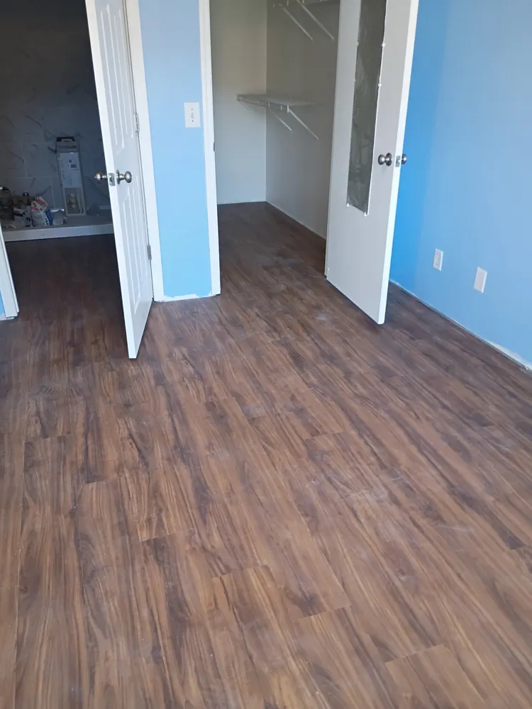 Luxury vinyl plank flooring in a bedroom with a walk-in closet in Southbend, Guyton GA