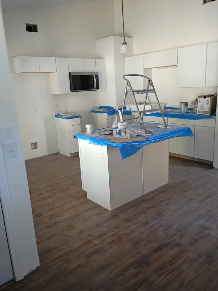 Dark luxury vinyl plank flooring in a new kitchen before countertops in Honey Ridge Estates, Guyton GA