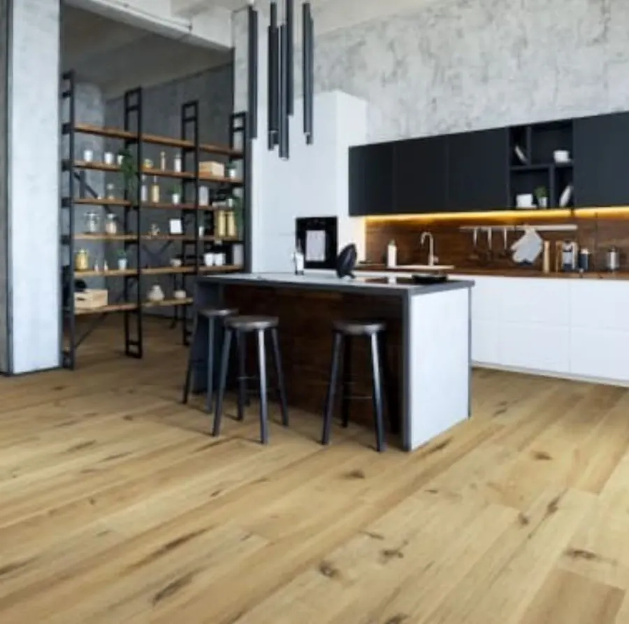 Natural wide-plank LVP in a modern kitchen