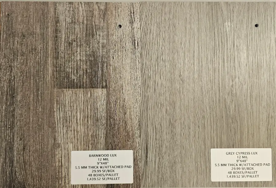 Barnwood Lux and Grey Cypress Lux wide plank LVP samples
