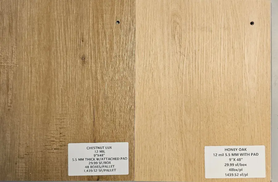 Chestnut Lux and Honey Oak wide plank LVP samples