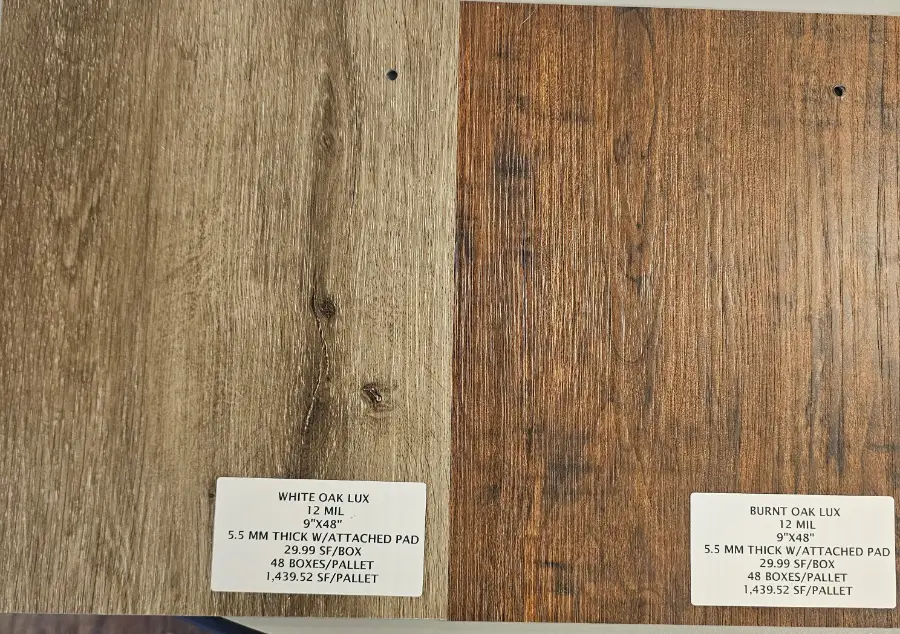 White Oak Lux and Burnt Oak Lux wide plank LVP samples
